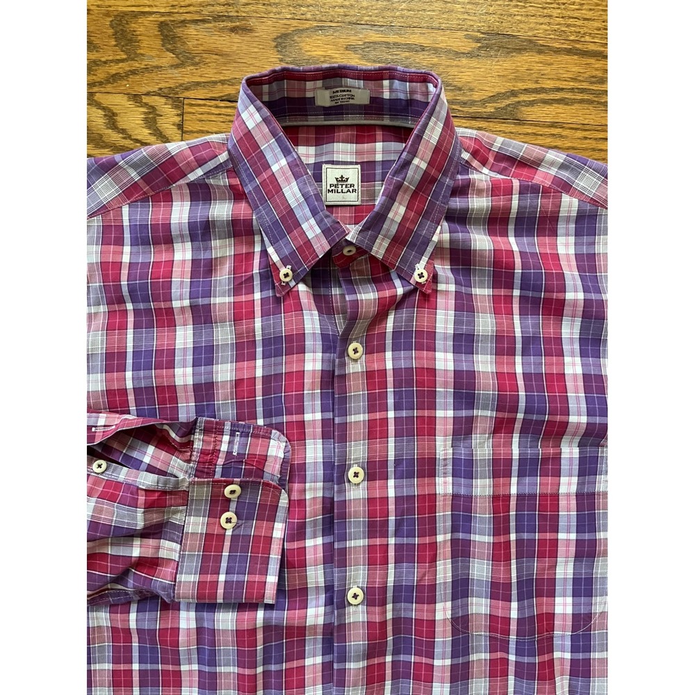 Peter Millar Mens Purple Pink Plaid Cotton Button Down Shirt Medium Long Sleeve